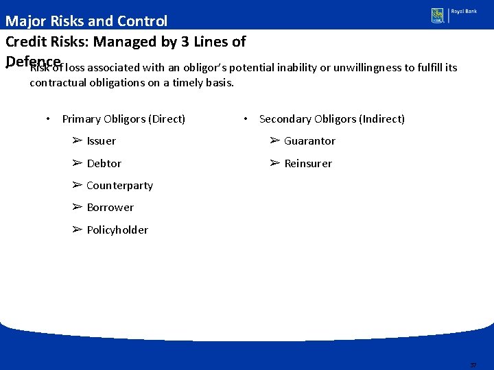 Major Risks and Control GEMENT STRUCTURE Credit Risks: Managed by 3 Lines of •