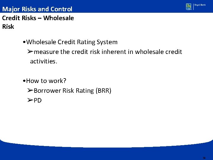 Major Risks and Control Credit Risks – Wholesale Risk • Wholesale Credit Rating System