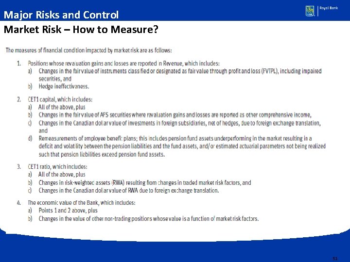 Major Risks and Control Market Risk – How to Measure? 51 