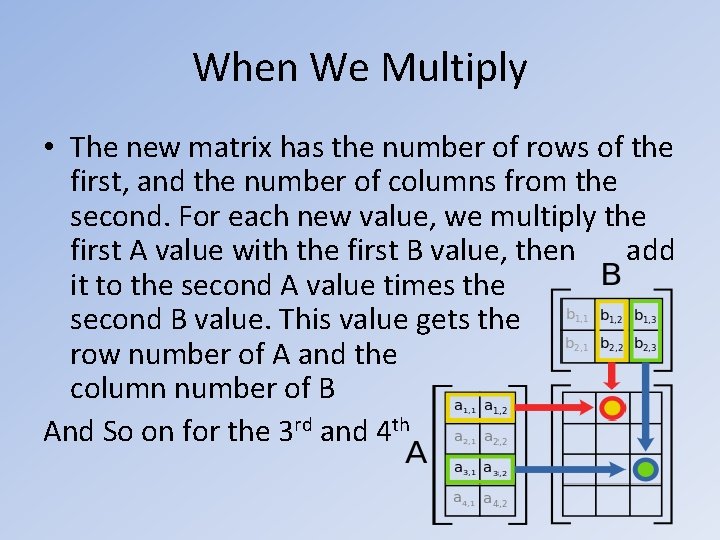 When We Multiply • The new matrix has the number of rows of the