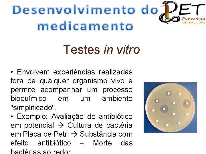 Testes in vitro • Envolvem experiências realizadas fora de qualquer organismo vivo e permite