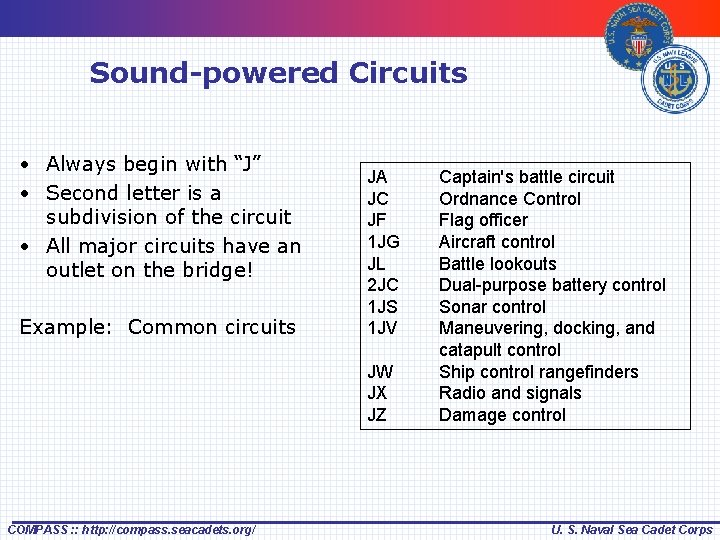 Sound-powered Circuits • Always begin with “J” • Second letter is a subdivision of
