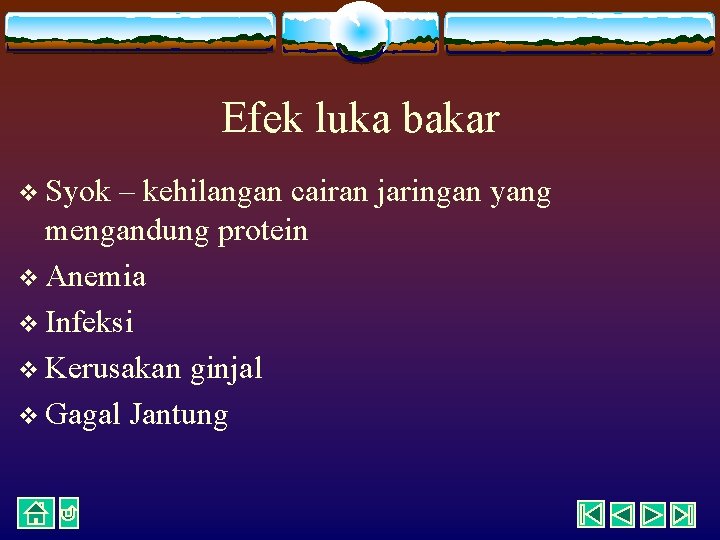 Efek luka bakar v Syok – kehilangan cairan jaringan yang mengandung protein v Anemia