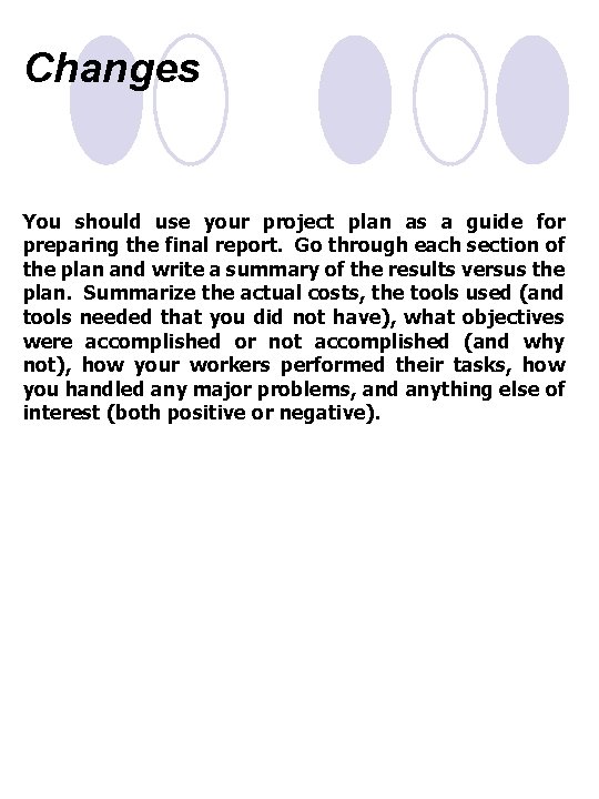 Changes You should use your project plan as a guide for preparing the final