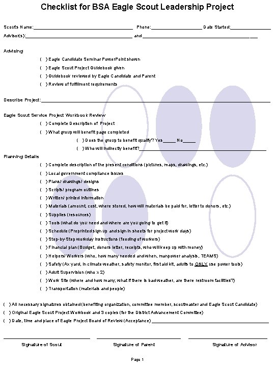 Checklist for BSA Eagle Scout Leadership Project Scout’s Name: ____________________ Phone: __________ Date Started: