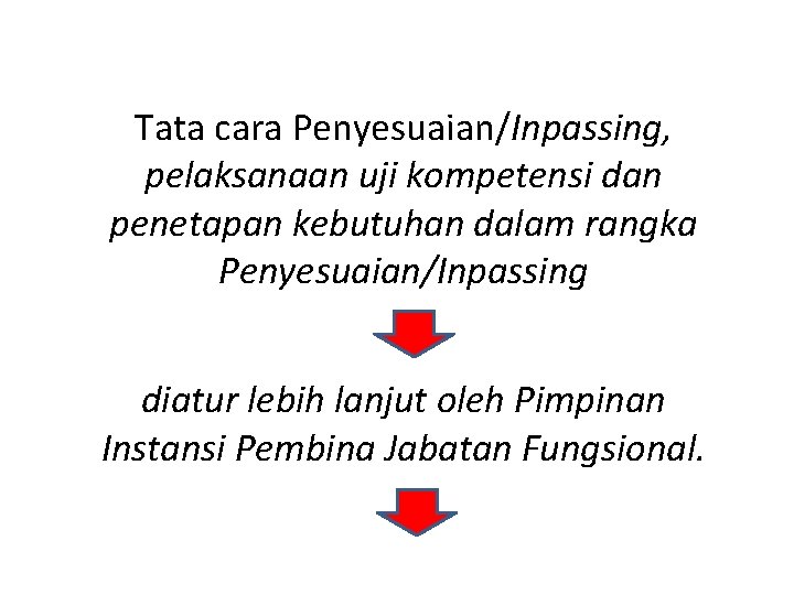 Tata cara Penyesuaian/Inpassing, pelaksanaan uji kompetensi dan penetapan kebutuhan dalam rangka Penyesuaian/Inpassing diatur lebih