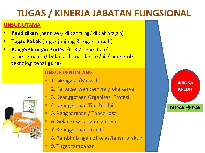 TUGAS / KINERJA JABATAN FUNGSIONAL UNSUR UTAMA • Pendidikan (pend sek/ diklat fung/ diklat