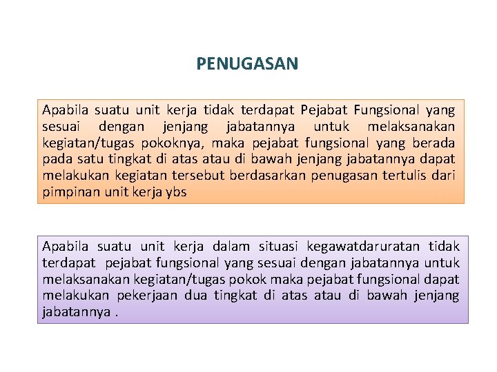 PENUGASAN Apabila suatu unit kerja tidak terdapat Pejabat Fungsional yang sesuai dengan jenjang jabatannya