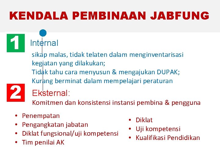 KENDALA PEMBINAAN JABFUNG 1 Internal 2 Eksternal: • • sikap malas, tidak telaten dalam