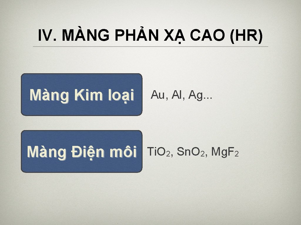 IV. MÀNG PHẢN XẠ CAO (HR) Màng Kim loại Màng Điện môi Au, Al,