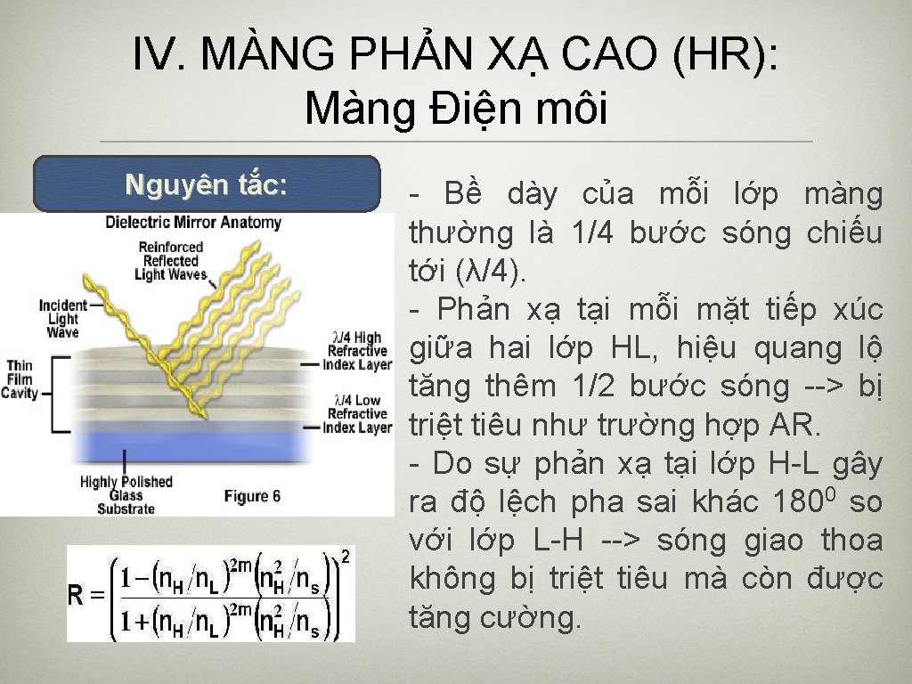 IV. MÀNG PHẢN XẠ CAO (HR): Màng Điện môi Nguyên tắc: - Bề dày