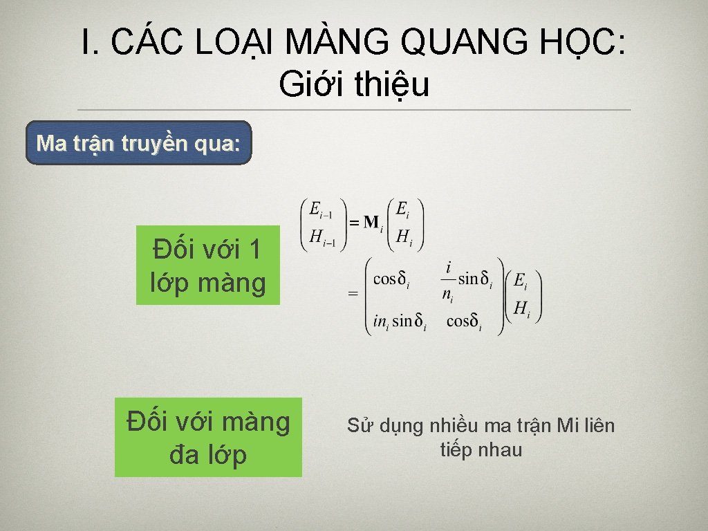 I. CÁC LOẠI MÀNG QUANG HỌC: Giới thiệu Ma trận truyền qua: Đối với