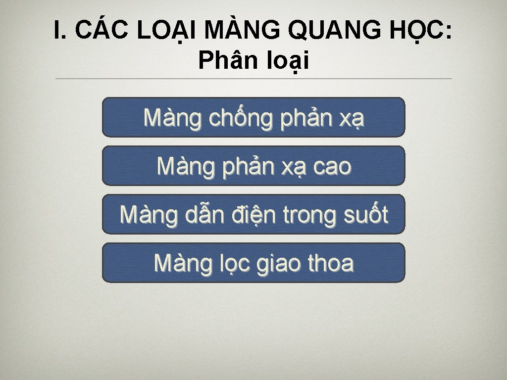 I. CÁC LOẠI MÀNG QUANG HỌC: Phân loại Màng chống phản xạ Màng phản