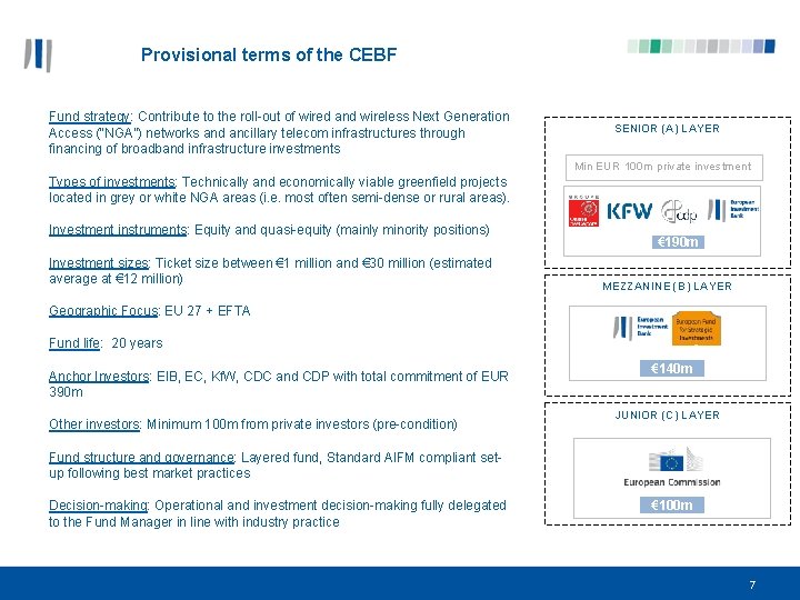 Provisional terms of the CEBF Fund strategy: Contribute to the roll-out of wired and