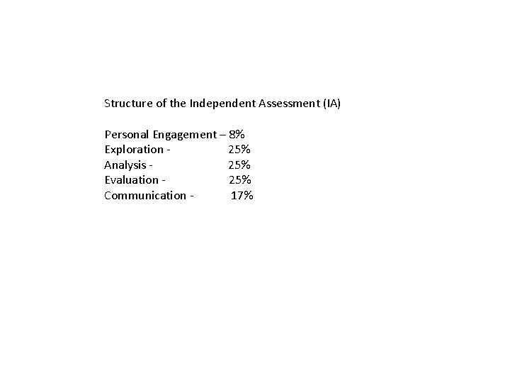 Structure of the Independent Assessment (IA) Personal Engagement – 8% Exploration 25% Analysis 25%