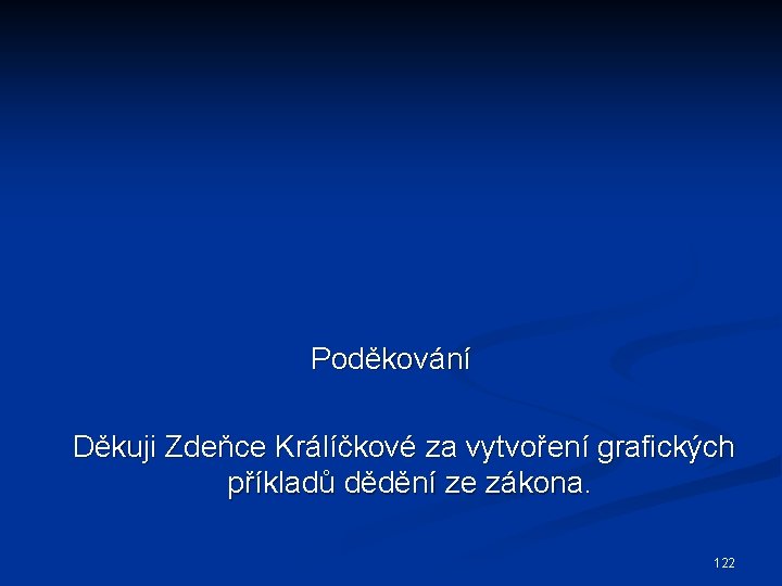 Poděkování Děkuji Zdeňce Králíčkové za vytvoření grafických příkladů dědění ze zákona. 122 