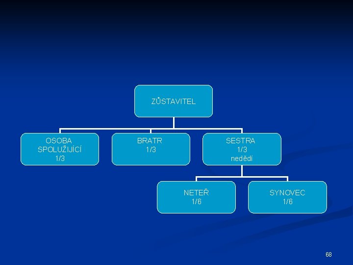 ZŮSTAVITEL OSOBA SPOLUŽIJÍCÍ 1/3 BRATR 1/3 SESTRA 1/3 nedědí NETEŘ 1/6 SYNOVEC 1/6 68