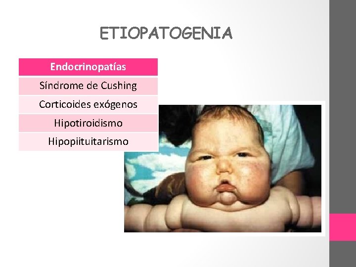 ETIOPATOGENIA Endocrinopatías Síndrome de Cushing Corticoides exógenos Hipotiroidismo Hipopiituitarismo 