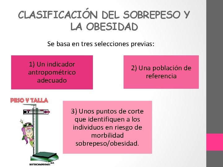 CLASIFICACIÓN DEL SOBREPESO Y LA OBESIDAD Se basa en tres selecciones previas: 1) Un