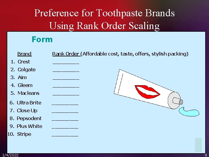 Preference for Toothpaste Brands Using Rank Order Scaling Form Brand Rank Order (Affordable cost,