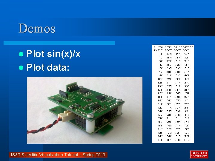 Demos l Plot sin(x)/x l Plot data: IS&T Scientific Visualization Tutorial – Spring 2010