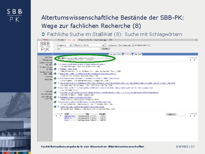 Altertumswissenschaftliche Bestände der SBB-PK: Wege zur fachlichen Recherche (8) Ü Fachliche Suche im Sta.