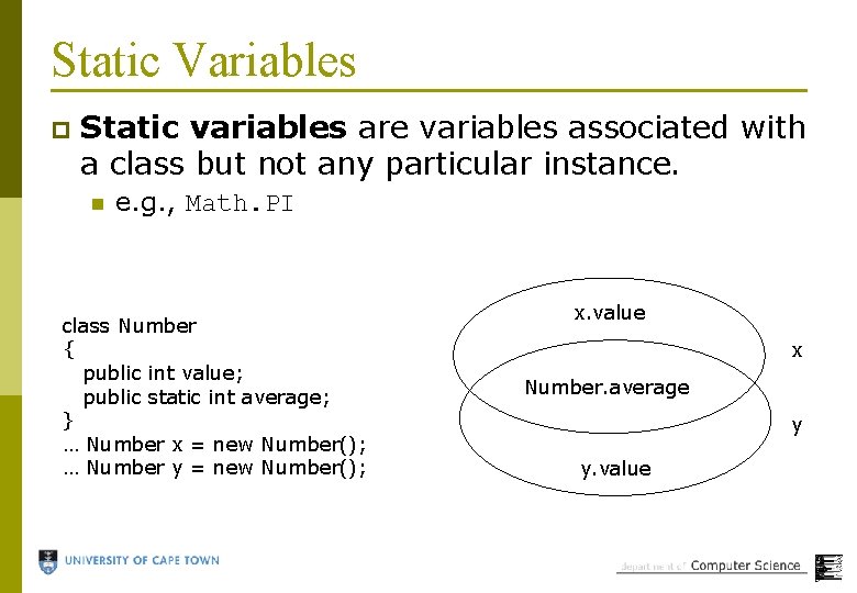 Static Variables p Static variables are variables associated with a class but not any