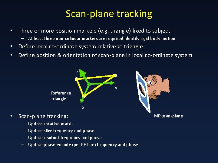 Scan-plane tracking • Three or more position markers (e. g. triangle) fixed to subject