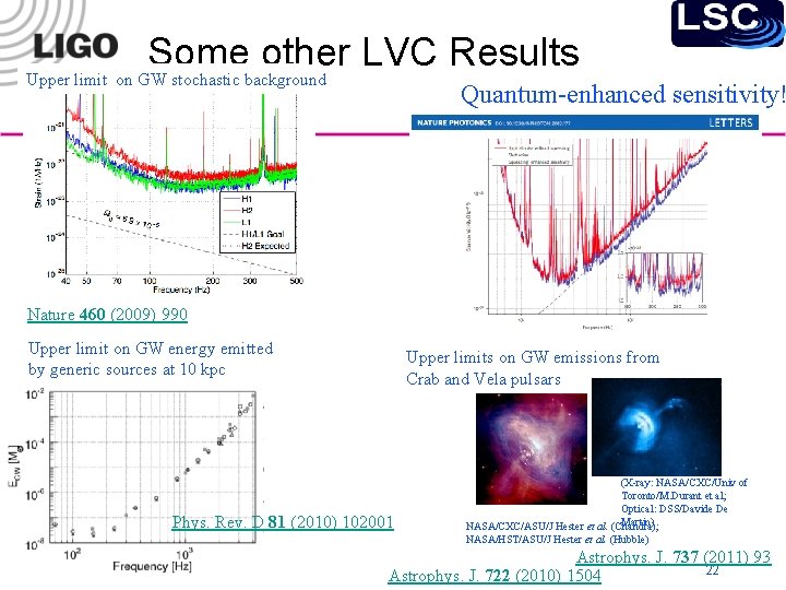 Some other LVC Results Upper limit on GW stochastic background Quantum-enhanced sensitivity! Nature 460