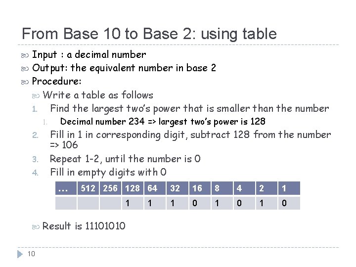 From Base 10 to Base 2: using table Input : a decimal number Output: