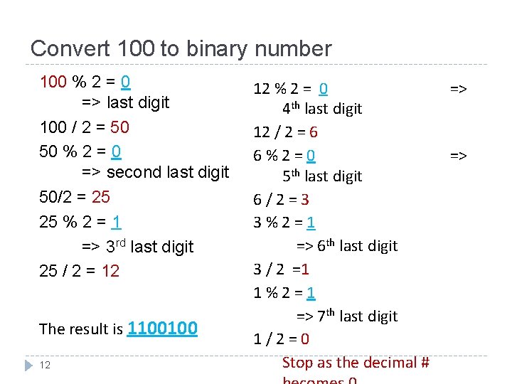 Convert 100 to binary number 100 % 2 = 0 => last digit 100