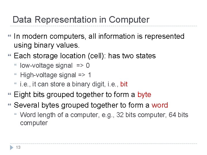 Data Representation in Computer In modern computers, all information is represented using binary values.