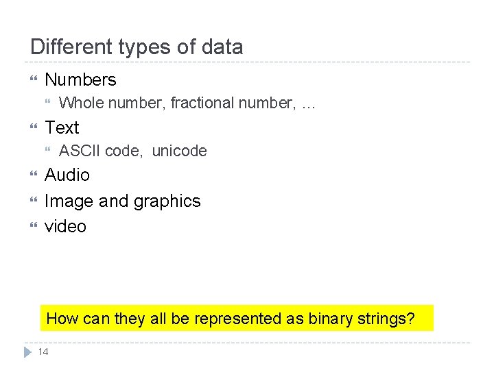 Different types of data Numbers Text Whole number, fractional number, … ASCII code, unicode