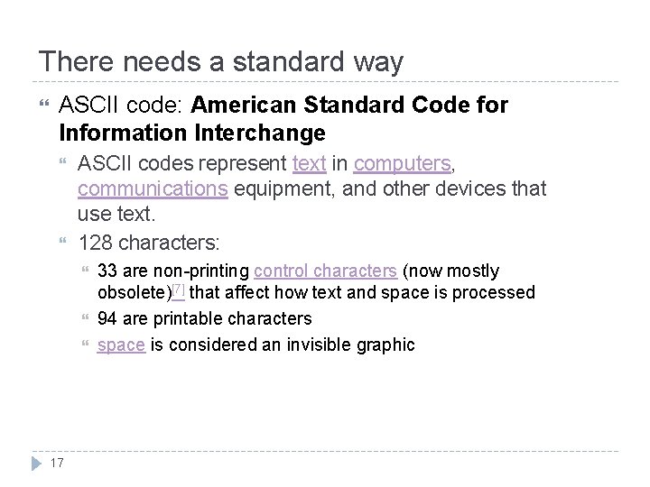 There needs a standard way ASCII code: American Standard Code for Information Interchange ASCII