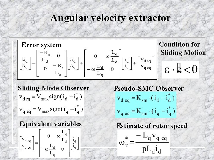 Angular velocity extractor Error system Sliding-Mode Observer Equivalent variables Condition for Sliding Motion Pseudo-SMC