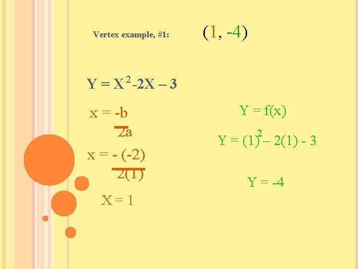 Vertex example, #1: (1, -4) Y = X 2 -2 X – 3 x