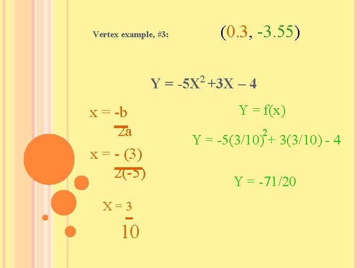 Vertex example, #3: (0. 3, -3. 55) Y = -5 X 2 +3 X