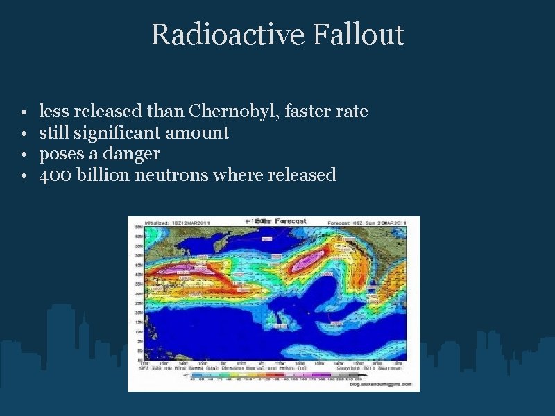 Radioactive Fallout • • less released than Chernobyl, faster rate still significant amount poses