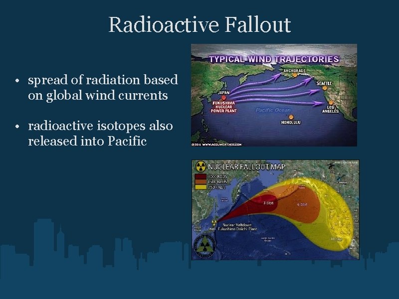 Radioactive Fallout • spread of radiation based on global wind currents • radioactive isotopes