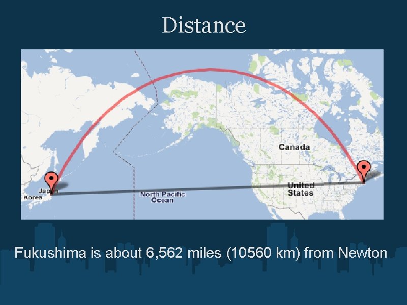 Distance Fukushima is about 6, 562 miles (10560 km) from Newton 
