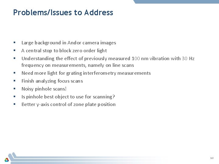Problems/Issues to Address § § § § Large background in Andor camera images A