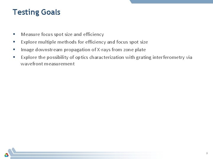 Testing Goals § § Measure focus spot size and efficiency Explore multiple methods for