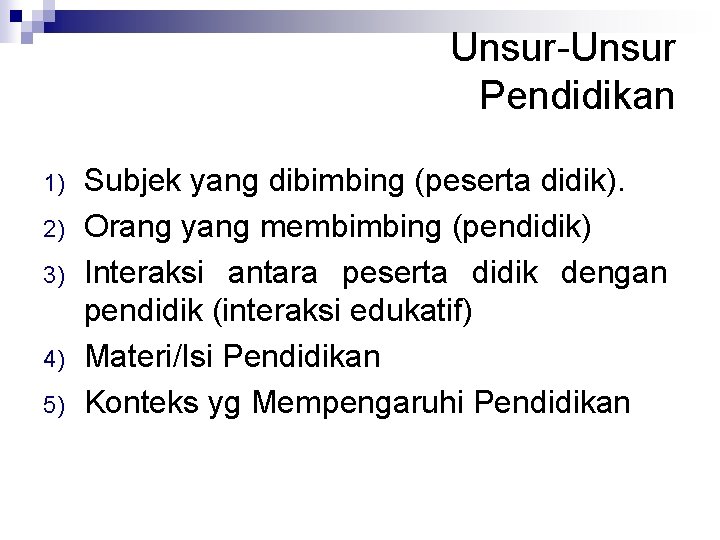 Unsur-Unsur Pendidikan 1) 2) 3) 4) 5) Subjek yang dibimbing (peserta didik). Orang yang