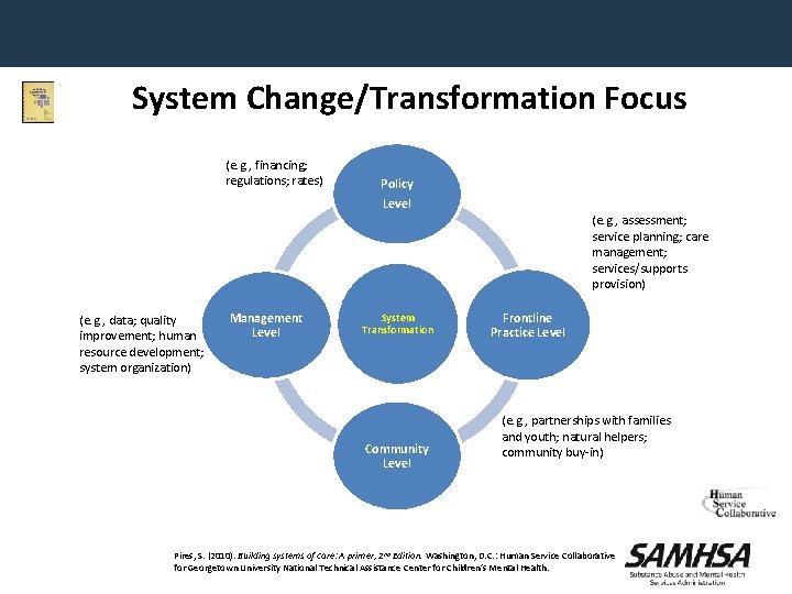 System Change/Transformation Focus (e. g. , financing; regulations; rates) Policy Level (e. g. ,