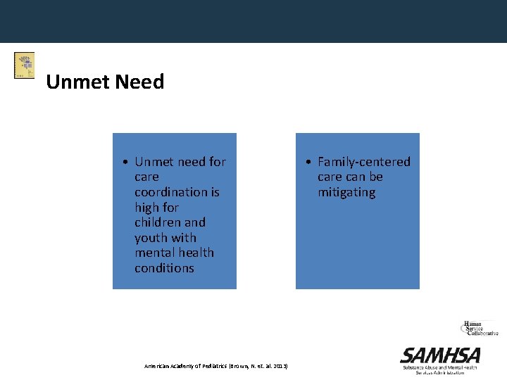 Unmet Need • Unmet need for care coordination is high for children and youth