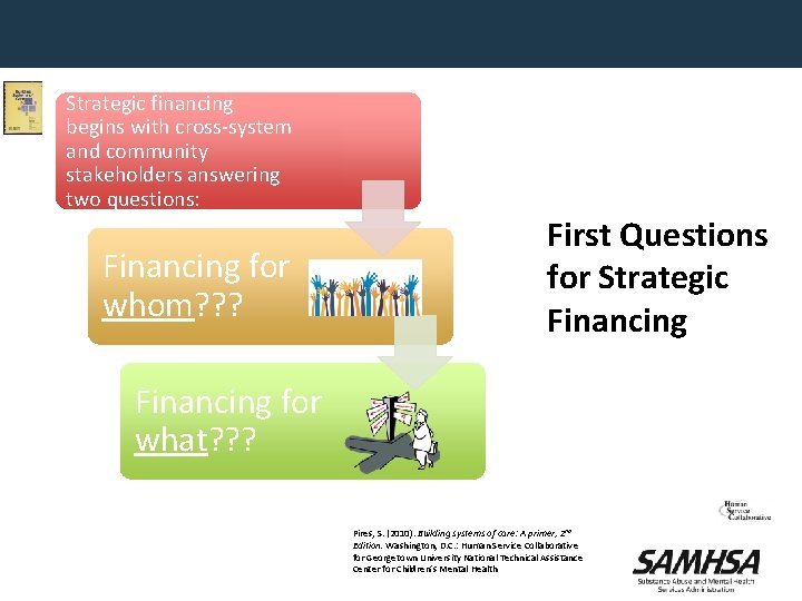 Strategic financing begins with cross-system and community stakeholders answering two questions: Financing for whom?