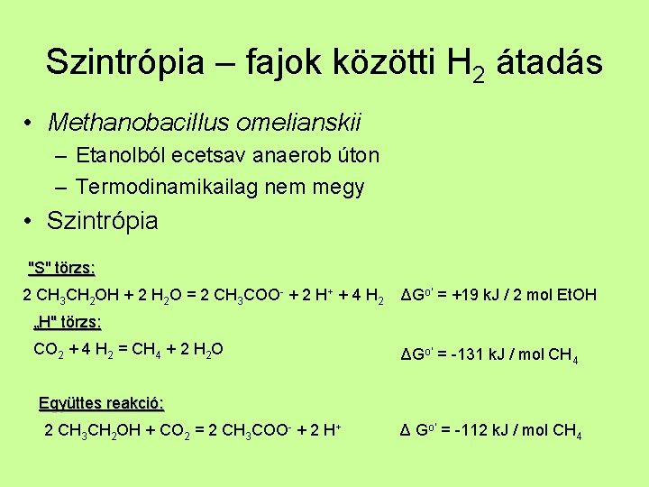 Szintrópia – fajok közötti H 2 átadás • Methanobacillus omelianskii – Etanolból ecetsav anaerob