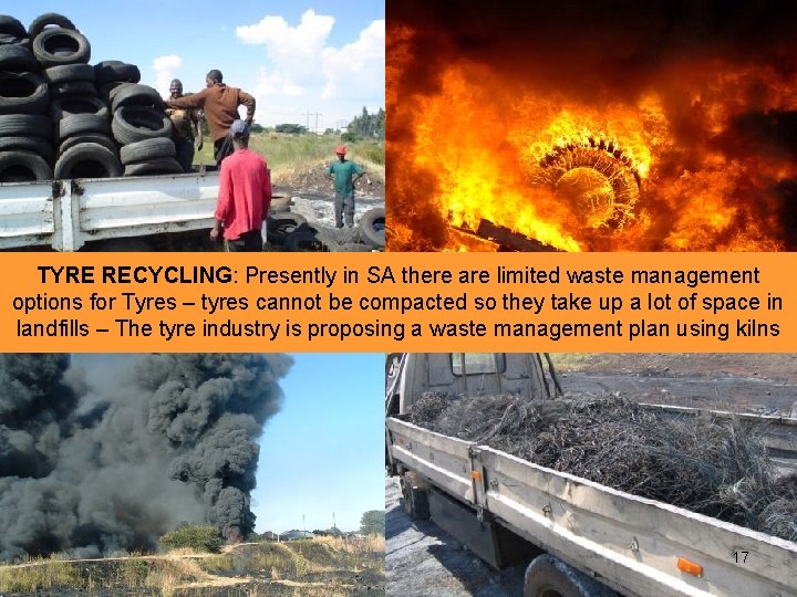 TYRE RECYCLING: Presently in SA there are limited waste management options for Tyres –