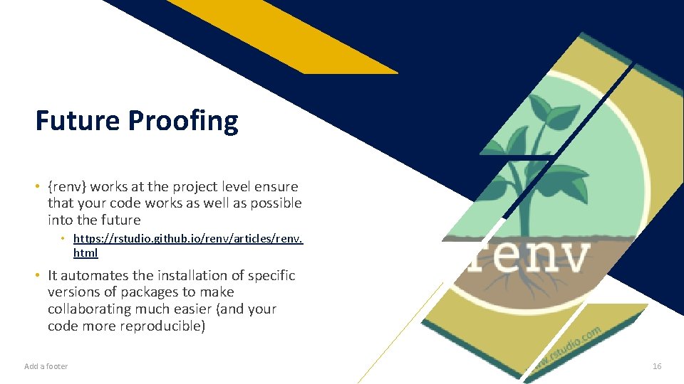 Future Proofing • {renv} works at the project level ensure that your code works