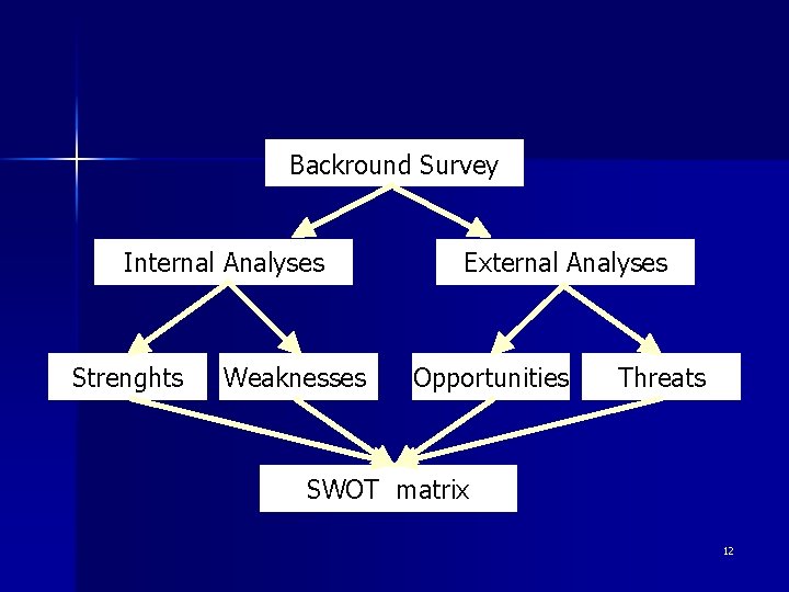 Backround Survey Internal Analyses Strenghts Weaknesses External Analyses Opportunities Threats SWOT matrix 12 